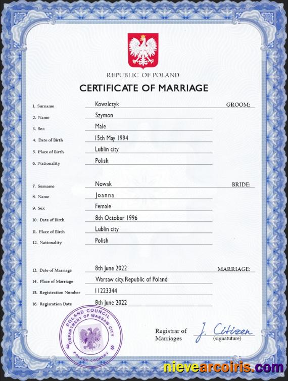 Poland marriage certificate